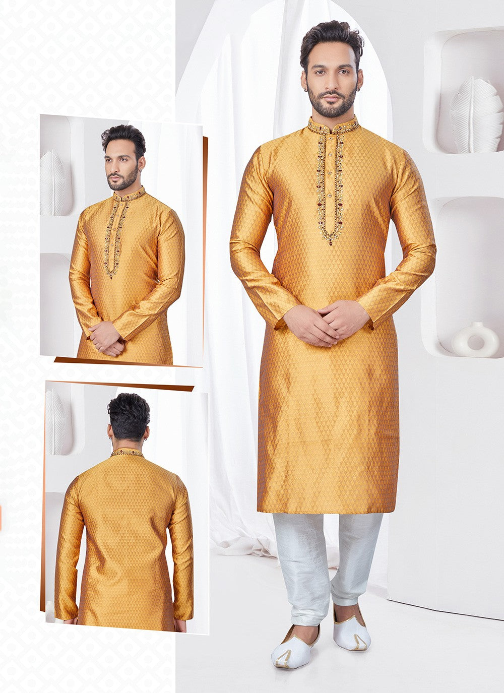 Machine Embroidery Jacquard Mustard Kurta Pyjama - M7560