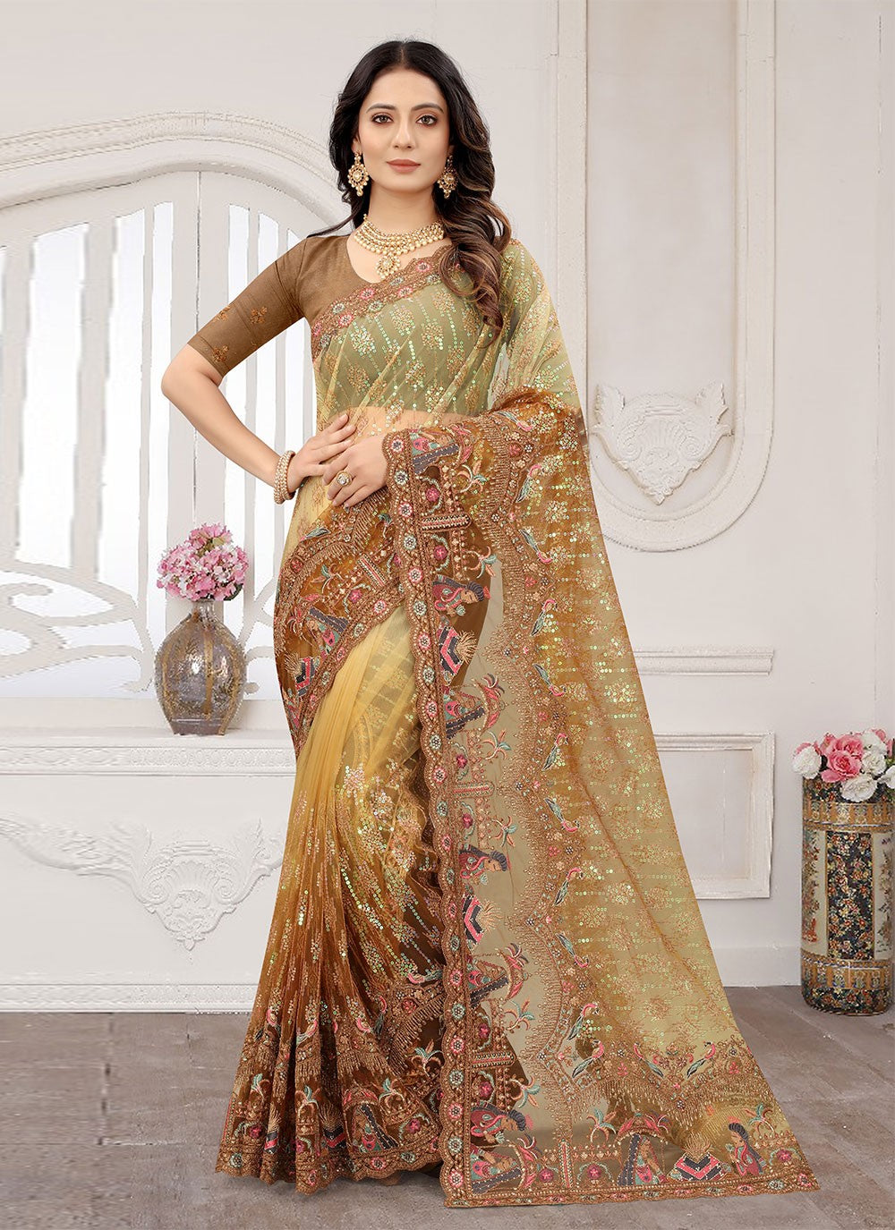 Classic Embroidered Net Saree - S1296