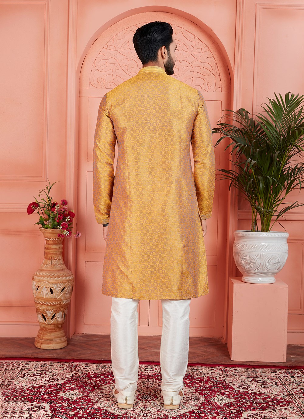 Pintex Brocade, Jacquard Silk Mustard Kurta Pyjama - M7754