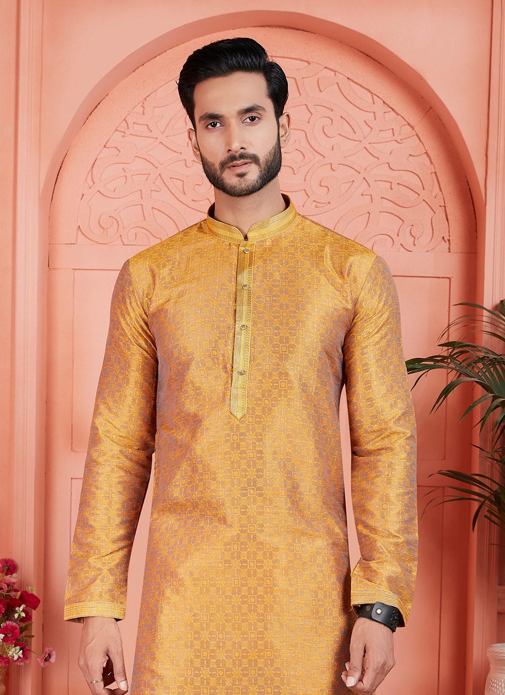 Pintex Brocade, Jacquard Silk Mustard Kurta Pyjama - M7754