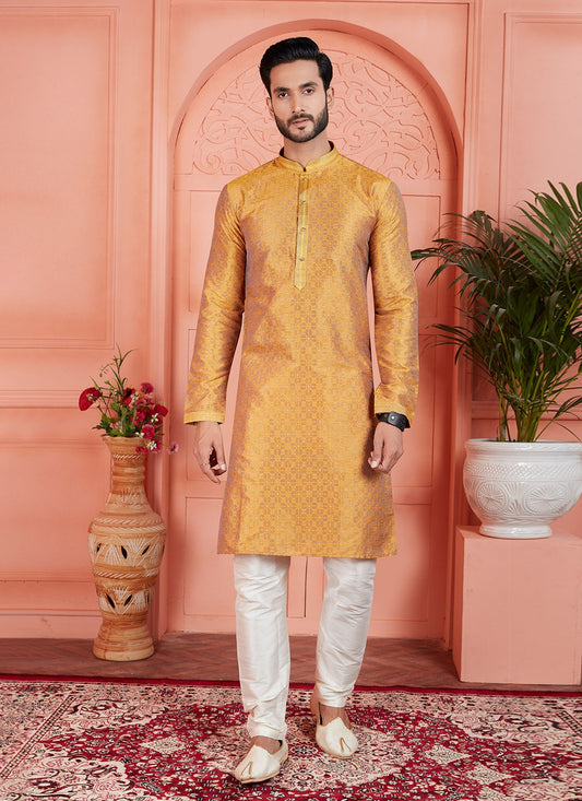 Pintex Brocade, Jacquard Silk Mustard Kurta Pyjama - M7754