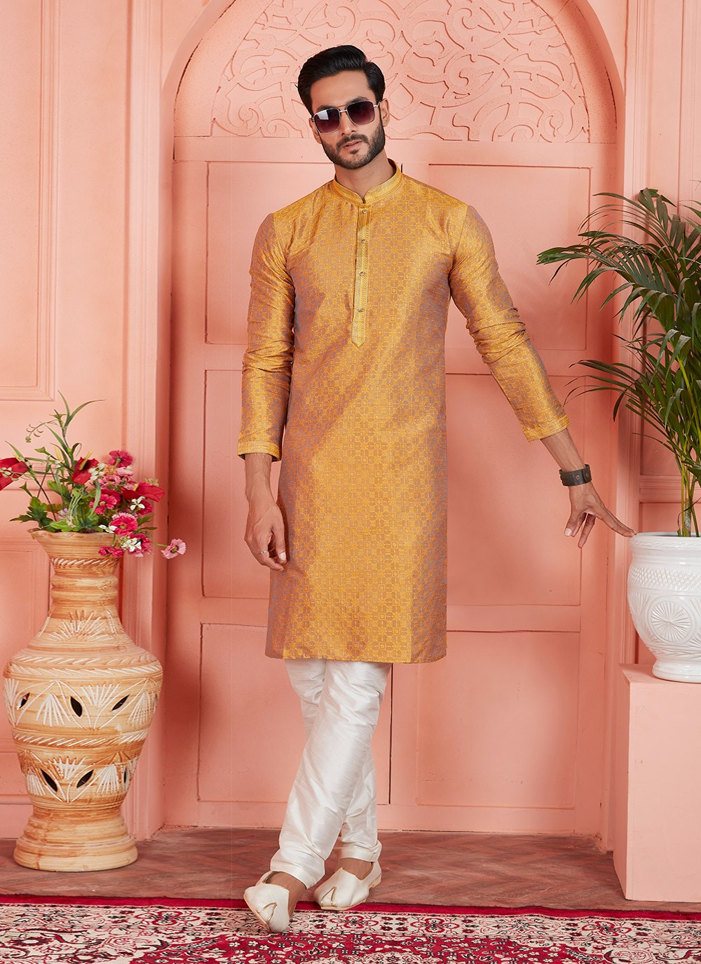 Pintex Brocade, Jacquard Silk Mustard Kurta Pyjama - M7754