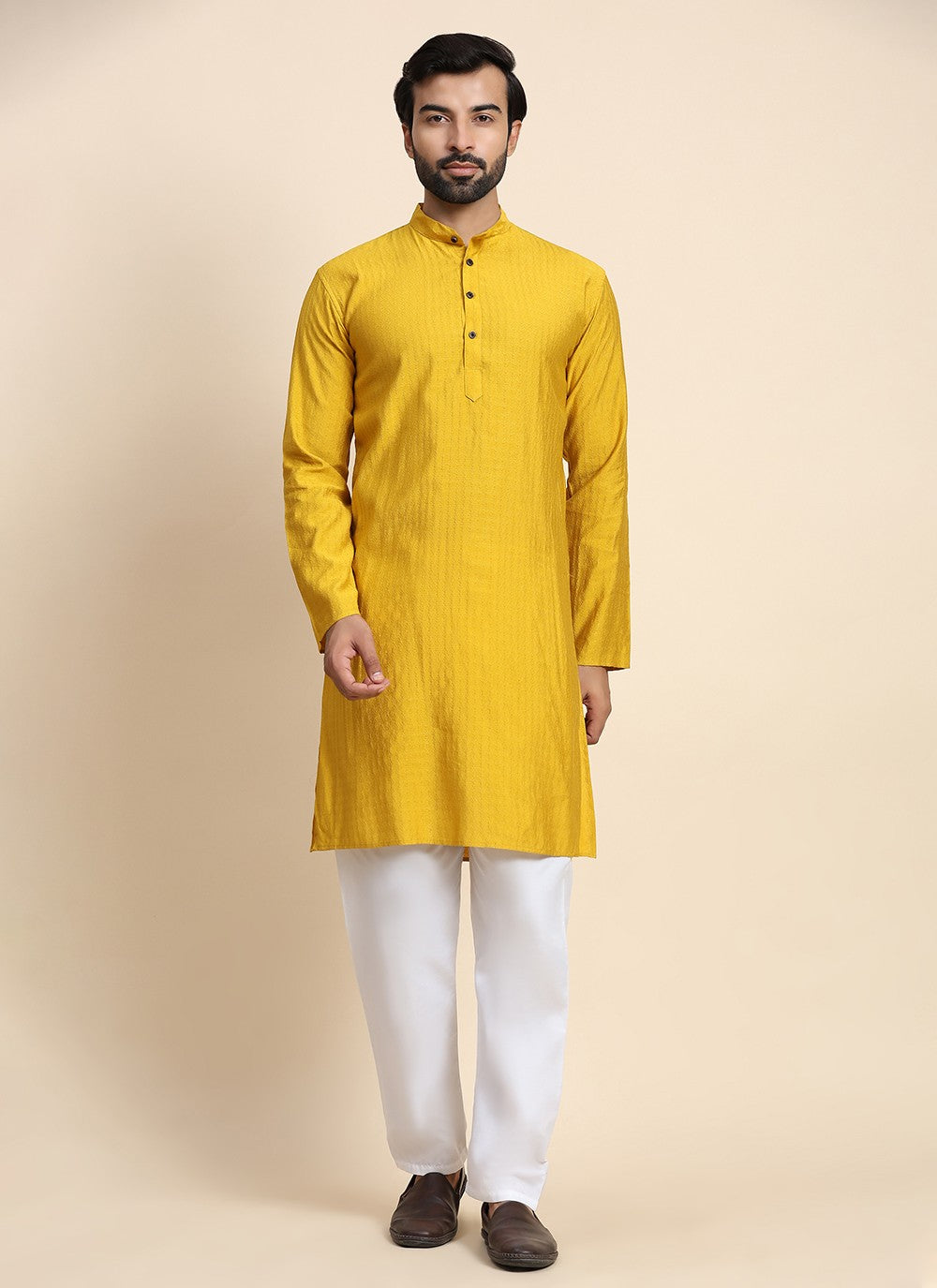 Plain Rayon, Viscose Mustard Kurta Pyjama - M8441