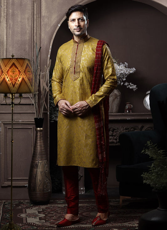 Printed Cotton Mustard Kurta Pyjama - M3621