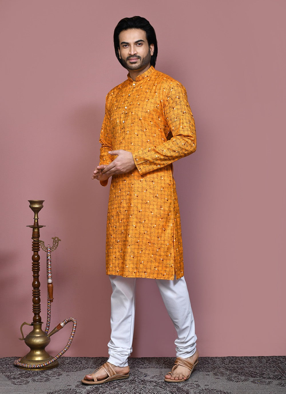 Printed Cotton Mustard Kurta Pyjama - M7921