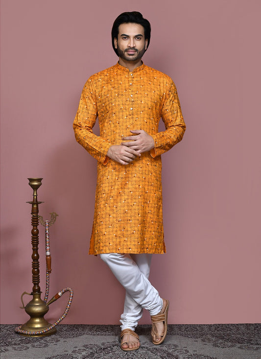 Printed Cotton Mustard Kurta Pyjama - M7921