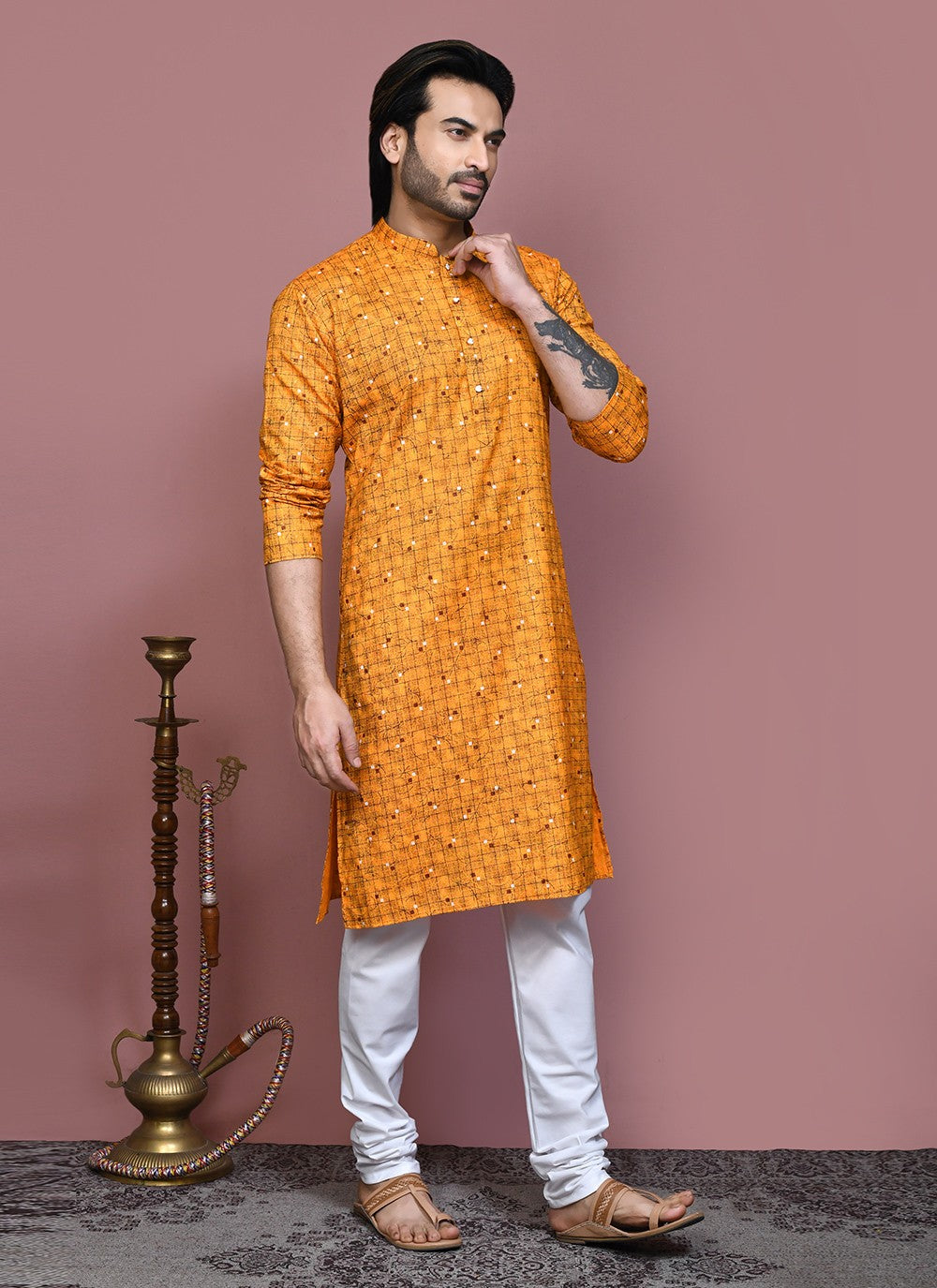 Printed Cotton Mustard Kurta Pyjama - M7921