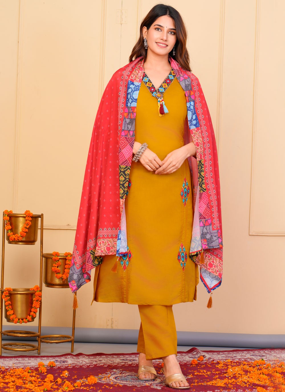 Embroidered Chanderi Pant Style Suit - T4864