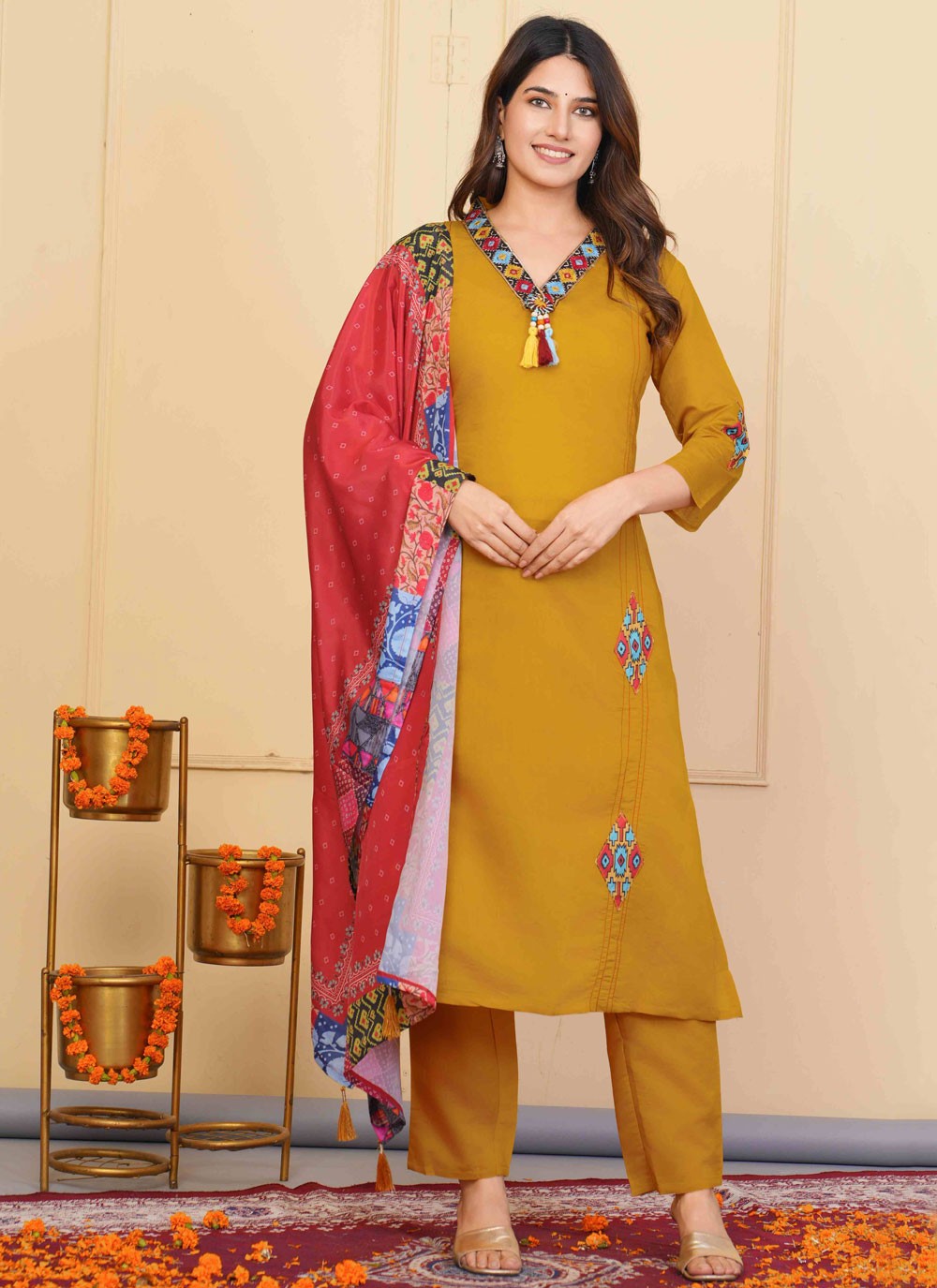 Embroidered Chanderi Pant Style Suit - T4864