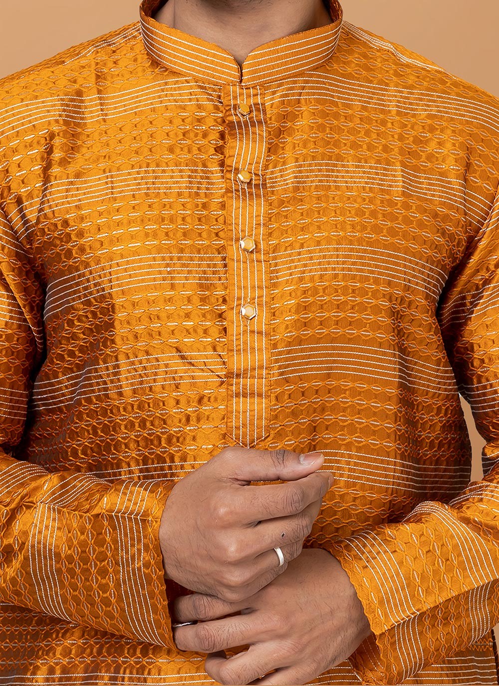 Fancy Work Silk Mustard Kurta Pyjama - M6371