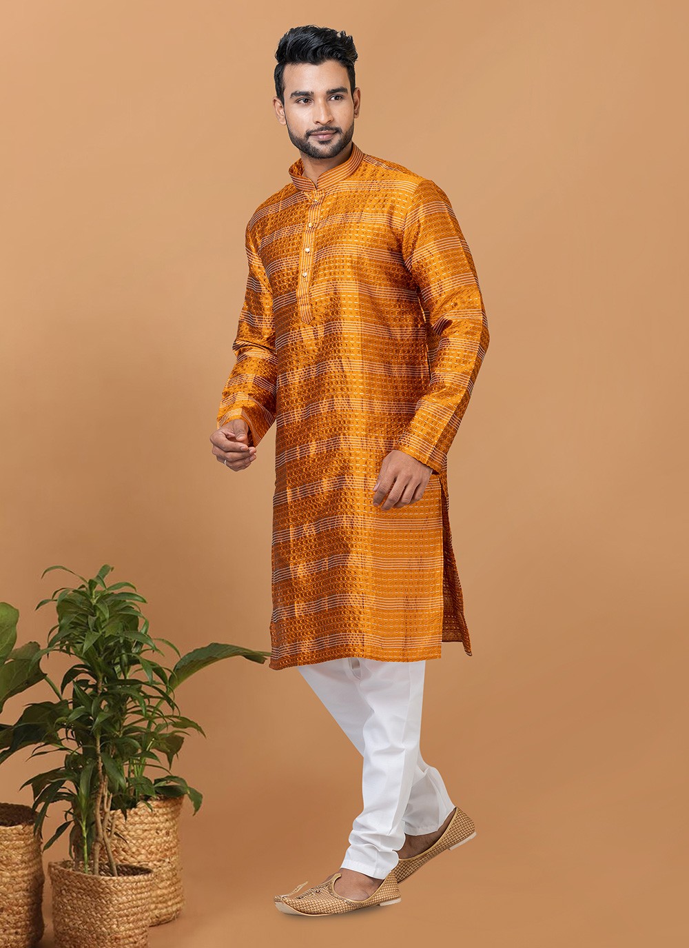 Fancy Work Silk Mustard Kurta Pyjama - M6371