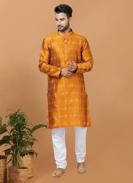 Fancy Work Silk Mustard Kurta Pyjama - M6371