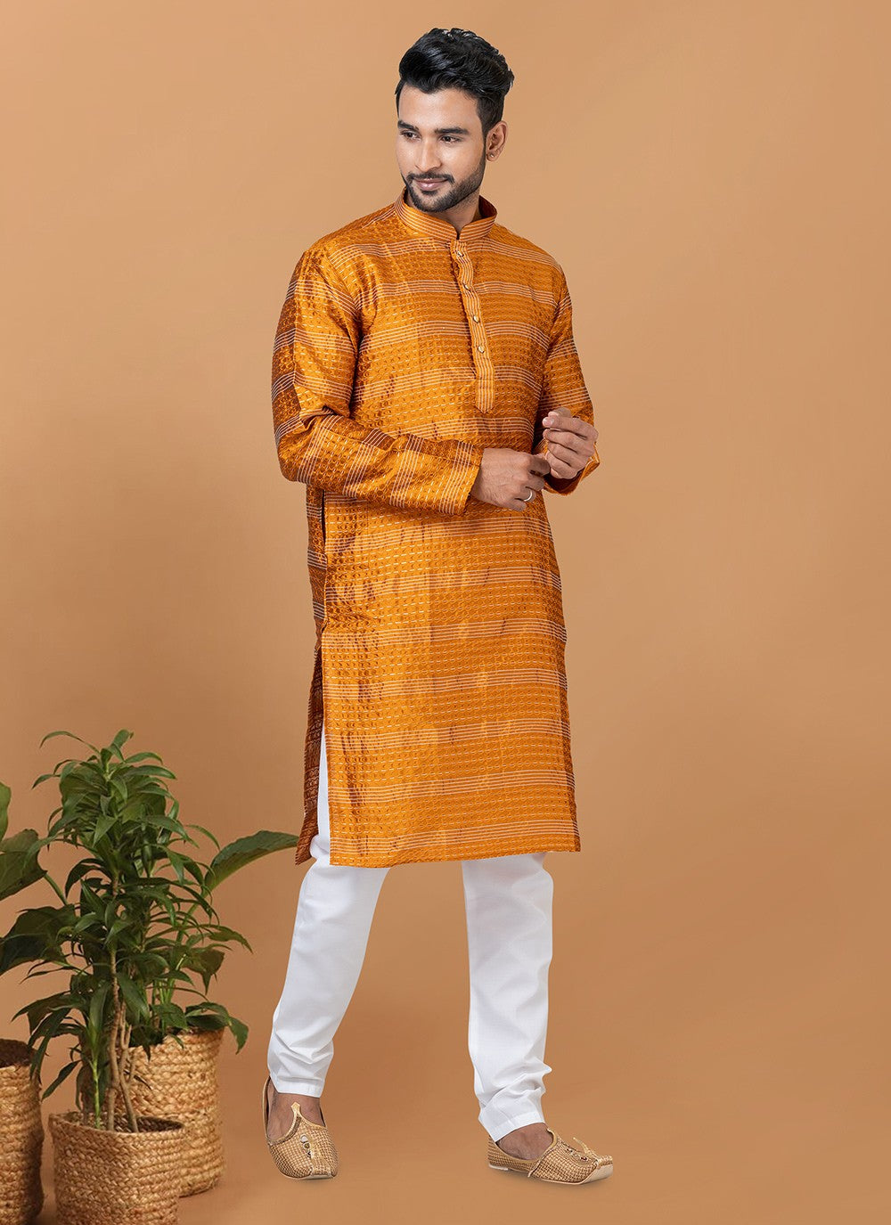 Fancy Work Silk Mustard Kurta Pyjama - M6371