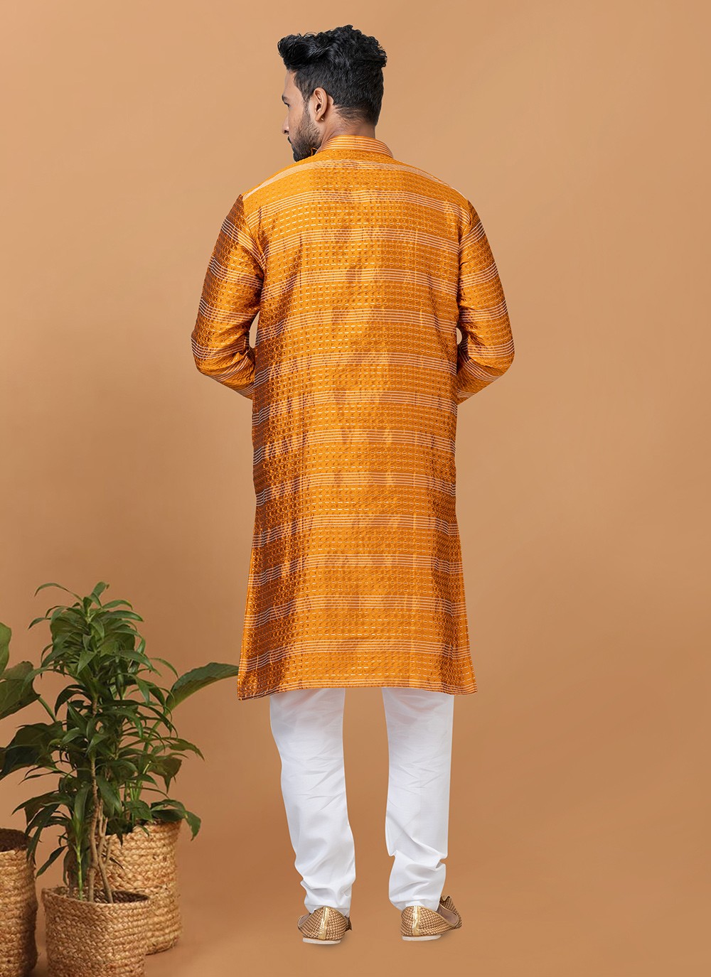 Fancy Work Silk Mustard Kurta Pyjama - M6371