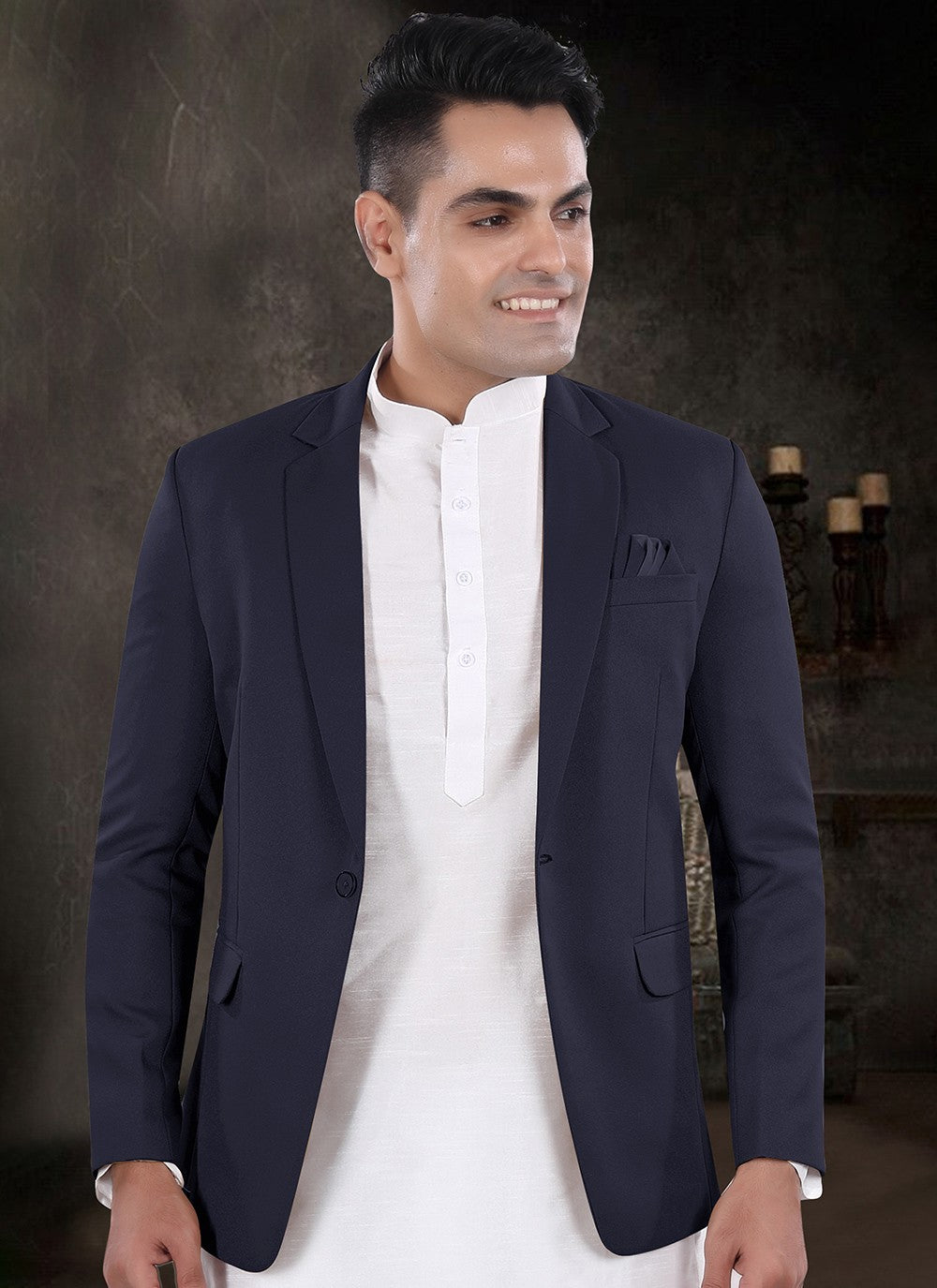 Plain Silk, Viscose Navy Blue, Off White Kurta Payjama With Jacket - M8159