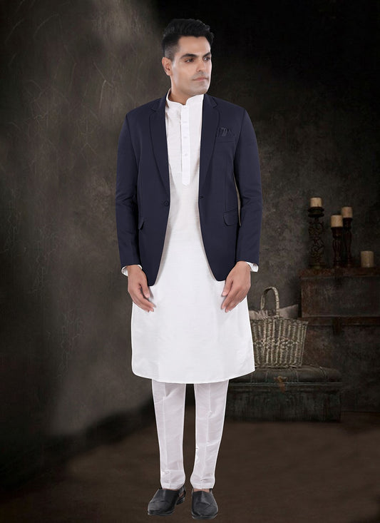 Plain Silk, Viscose Navy Blue, Off White Kurta Payjama With Jacket - M8159