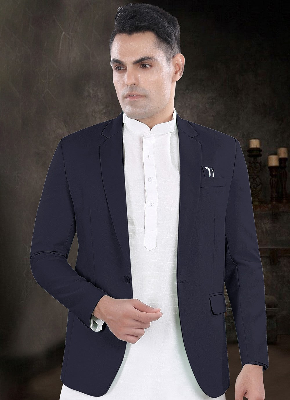 Plain Silk, Viscose Navy Blue, Off White Kurta Payjama With Jacket - M8182