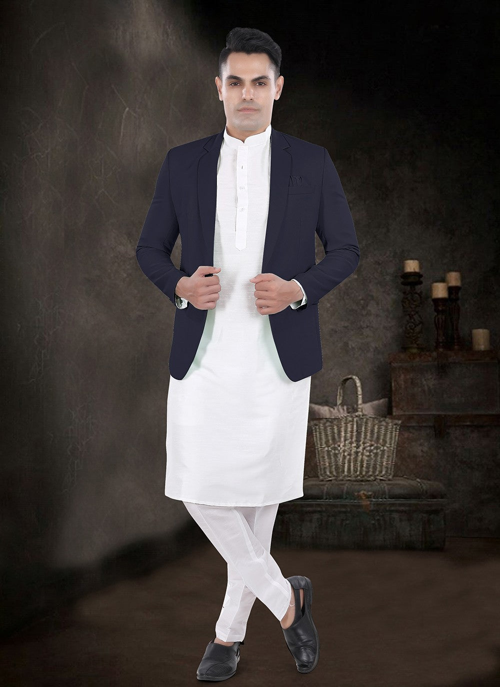 Plain Silk, Viscose Navy Blue, Off White Kurta Payjama With Jacket - M8182