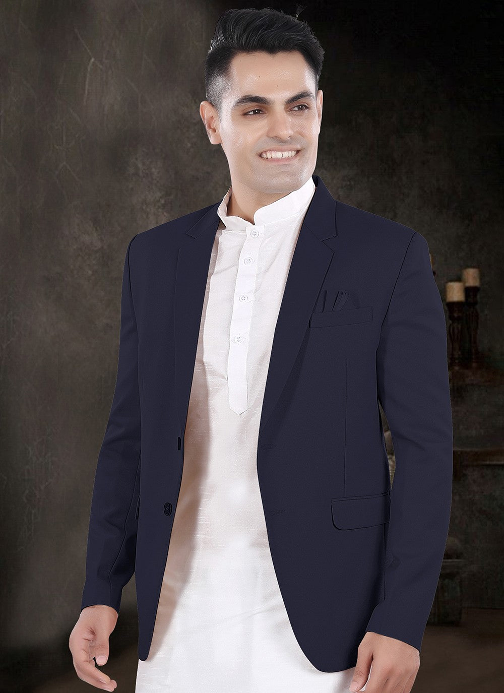 Plain Silk, Viscose Navy Blue, Off White Kurta Payjama With Jacket - M8151