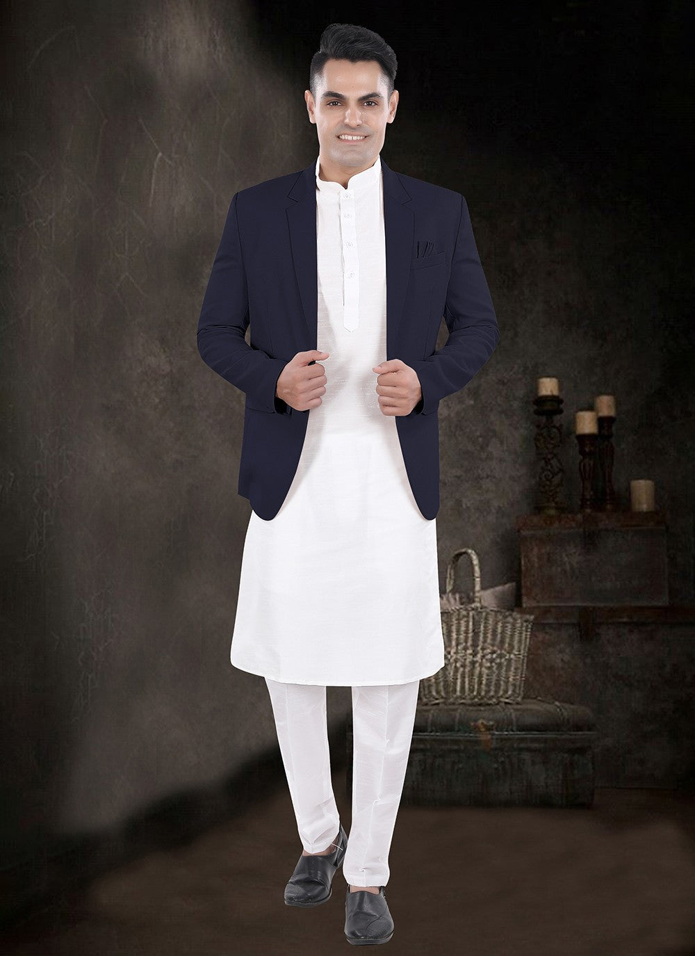 Plain Silk, Viscose Navy Blue, Off White Kurta Payjama With Jacket - M8151