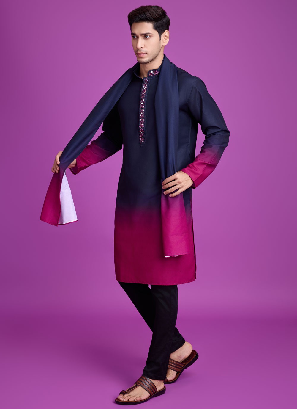 Mirror Rayon Hot Pink, Navy Blue Kurta - M8310