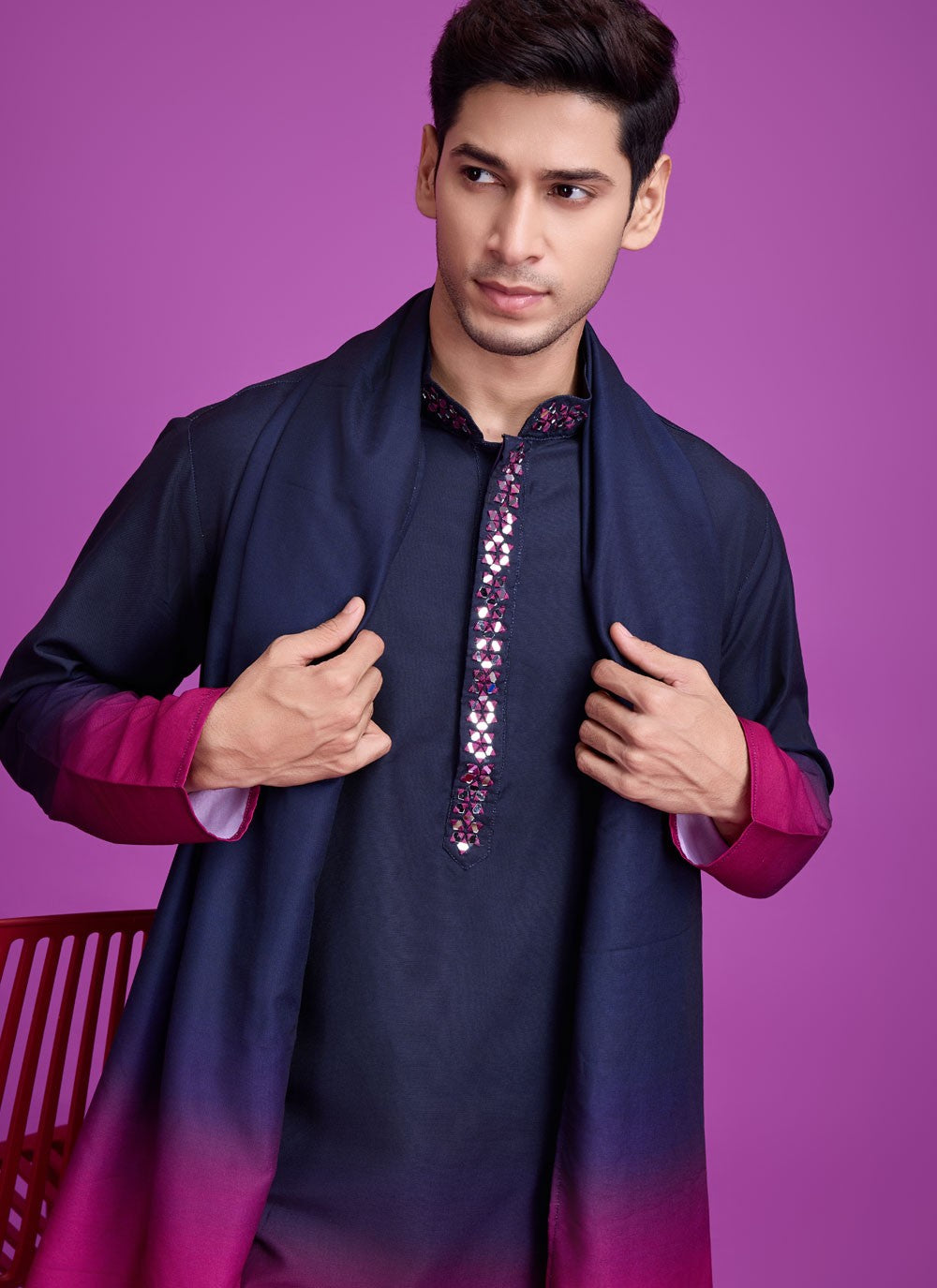 Mirror Rayon Hot Pink, Navy Blue Kurta - M8310