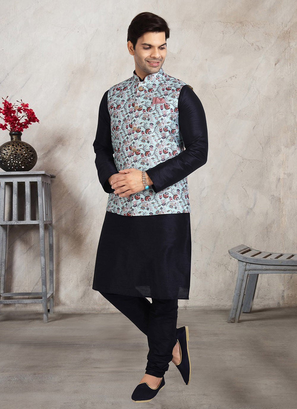 Printed Banarasi Silk Navy Blue, Turquoise Kurta Payjama With Jacket - M2720