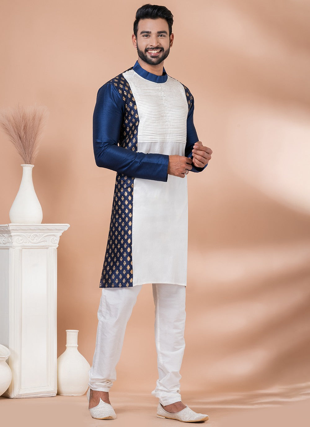 Fancy Work Banarasi Silk Navy Blue, White Kurta Pyjama - M6976