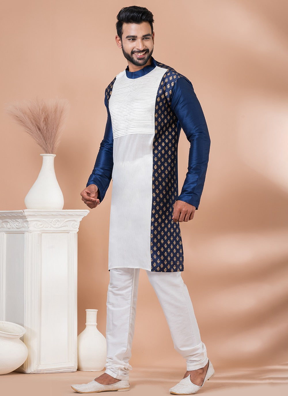 Fancy Work Banarasi Silk Navy Blue, White Kurta Pyjama - M6976