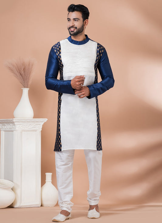 Fancy Work Banarasi Silk Navy Blue, White Kurta Pyjama - M6976