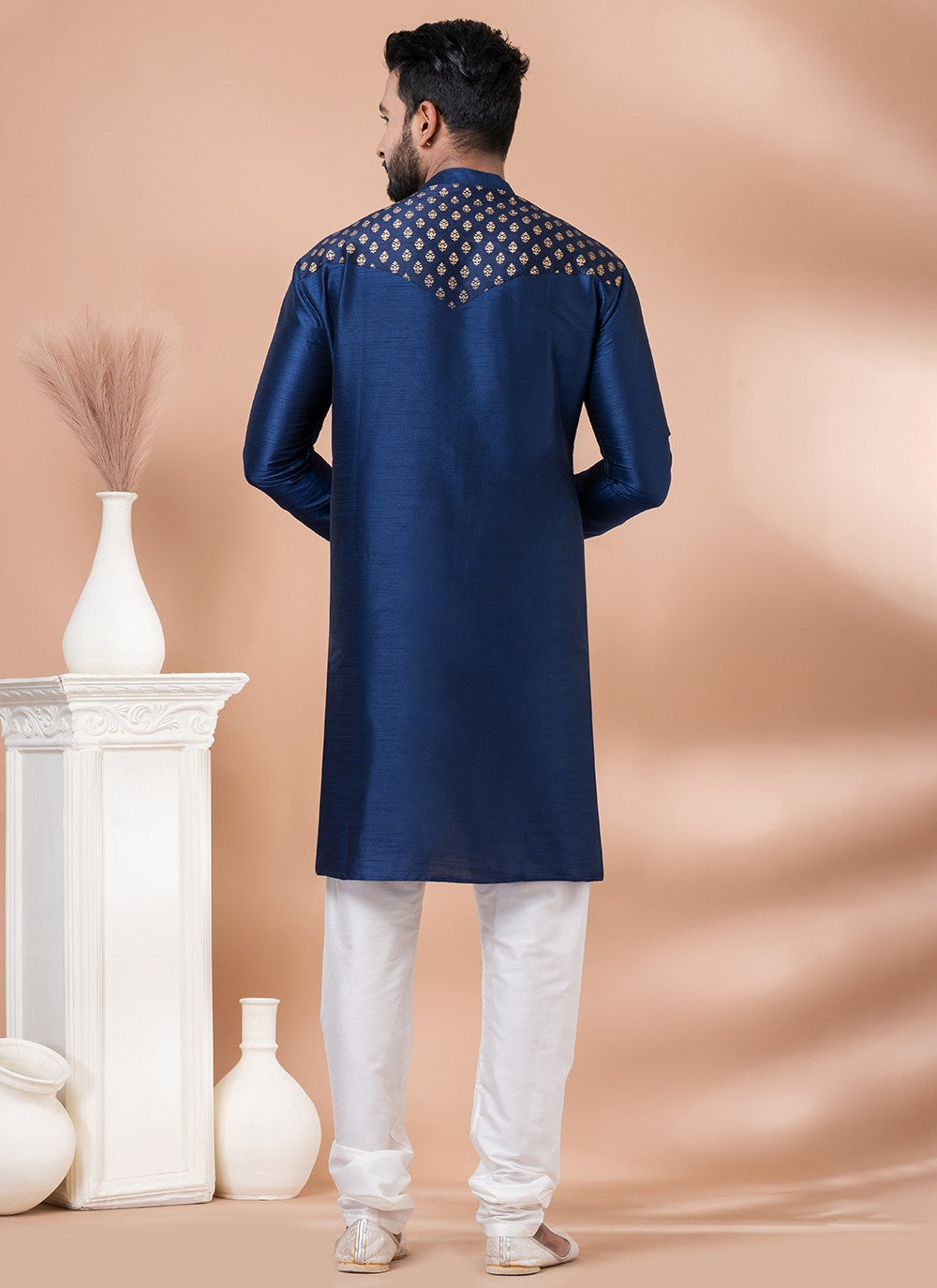 Fancy Work Banarasi Silk Navy Blue, White Kurta Pyjama - M6976