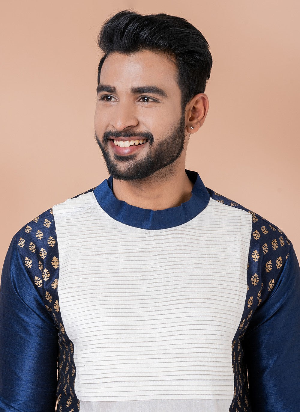 Fancy Work Banarasi Silk Navy Blue, White Kurta Pyjama - M6976