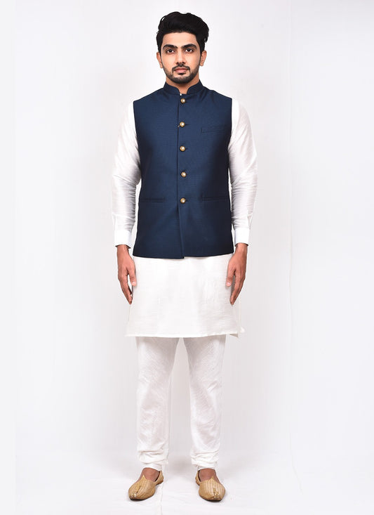 Buttons Art Silk, Rayon Navy Blue, White Kurta Payjama With Jacket - M3275