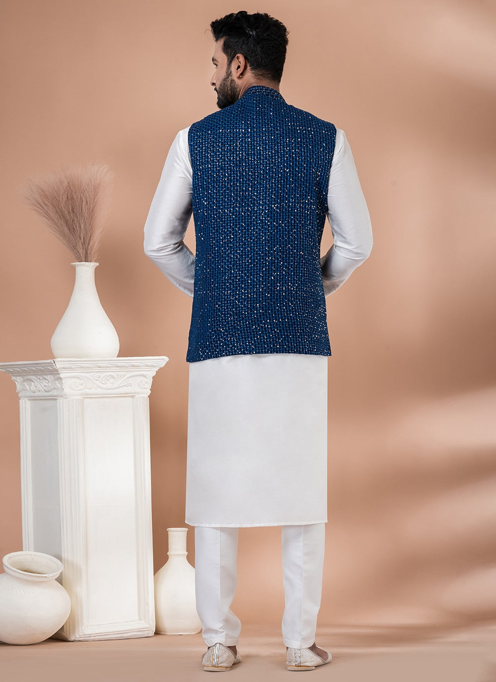 Plain Viscose Navy Blue, White Kurta Payjama With Jacket - M7738