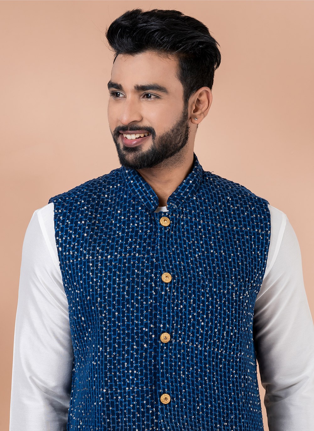 Plain Viscose Navy Blue, White Kurta Payjama With Jacket - M7738