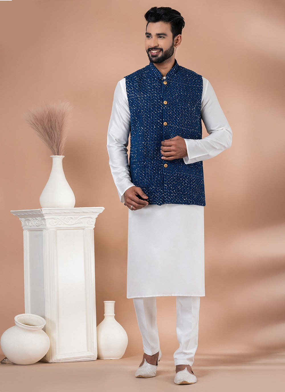 Plain Viscose Navy Blue, White Kurta Payjama With Jacket - M7738