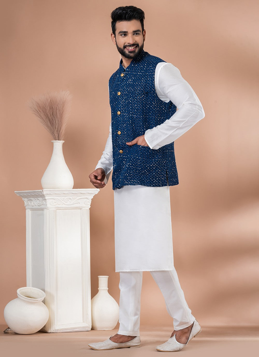 Plain Viscose Navy Blue, White Kurta Payjama With Jacket - M7738