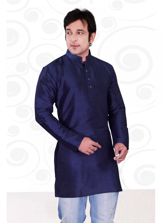 Embroidered Art Dupion Silk Navy Blue Kurta - M1203