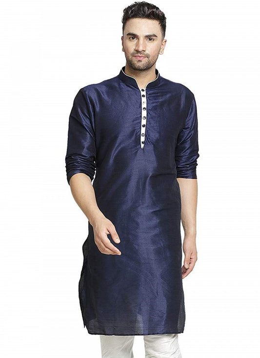 Embroidered Art Dupion Silk Navy Blue Kurta - M1269