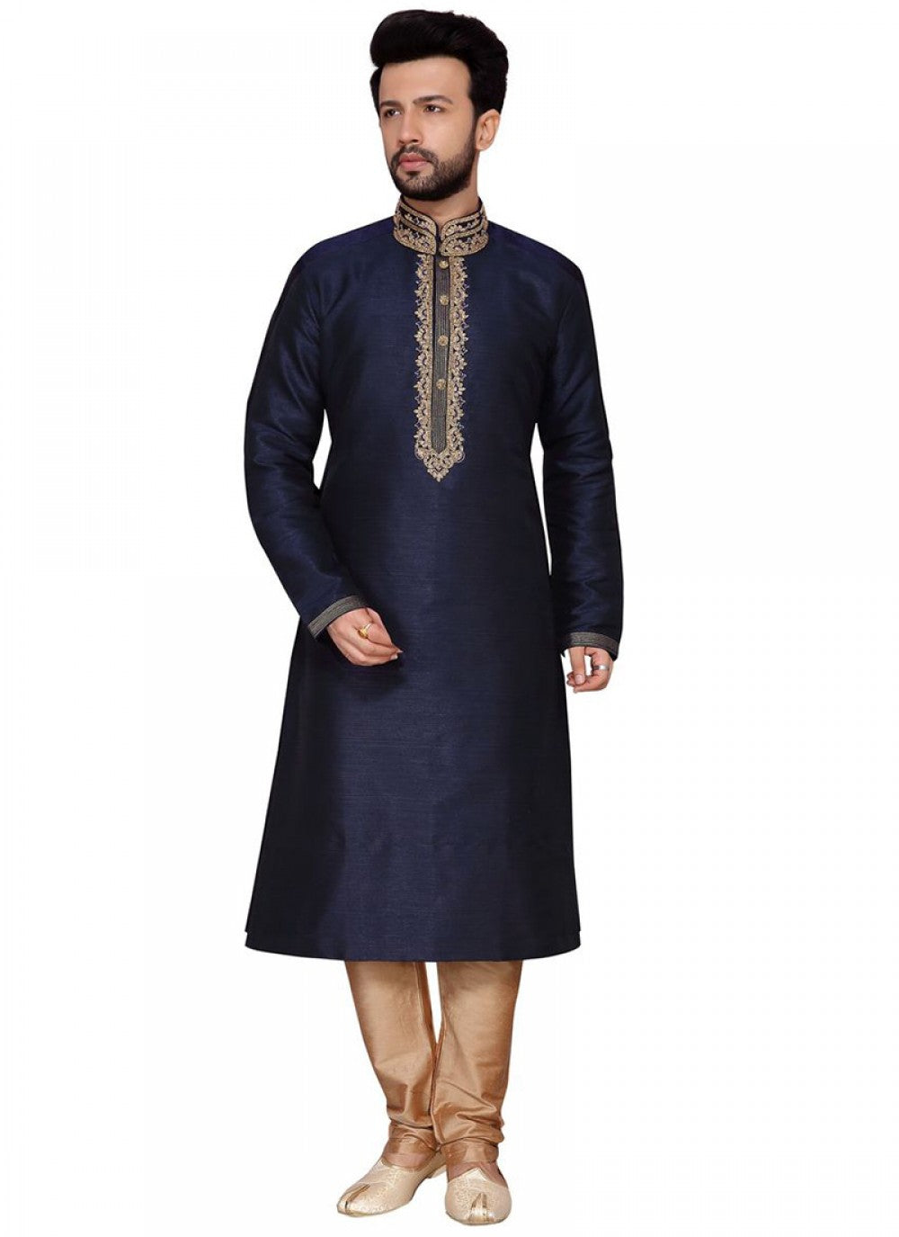 Embroidered Art Dupion Silk Navy Blue Kurta Pyjama - M1274