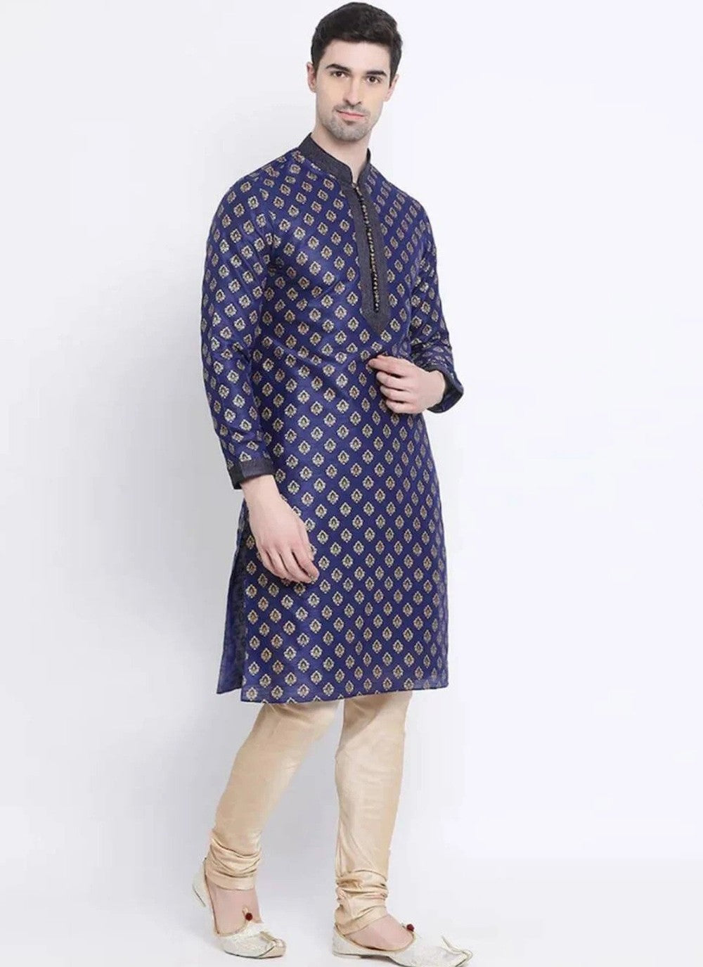 Printed Art Dupion Silk Navy Blue Kurta Pyjama - M4200