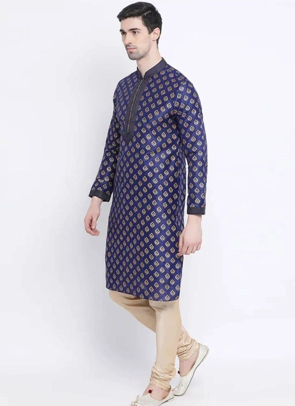 Printed Art Dupion Silk Navy Blue Kurta Pyjama - M4200