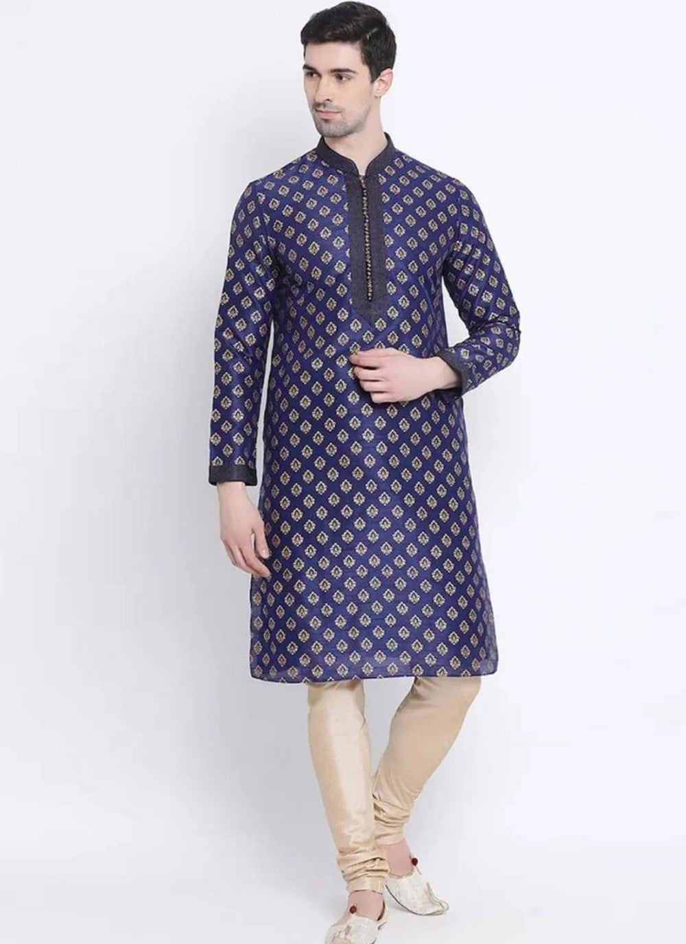 Printed Art Dupion Silk Navy Blue Kurta Pyjama - M4200