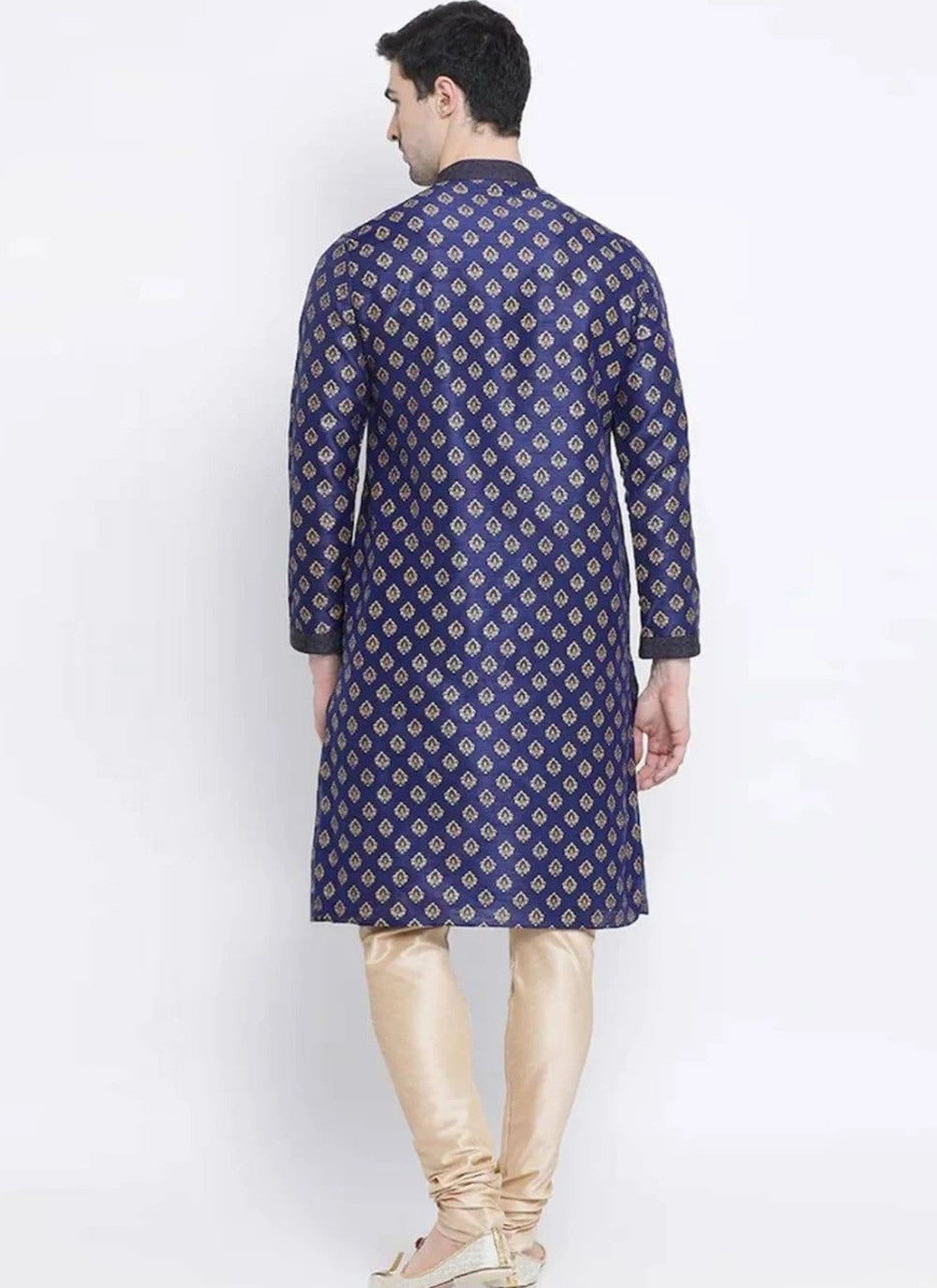 Printed Art Dupion Silk Navy Blue Kurta Pyjama - M4200