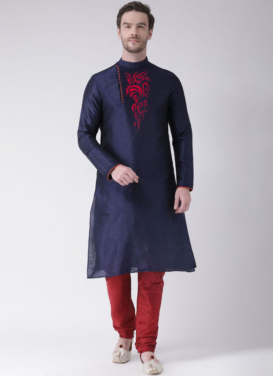 Embroidered Art Dupion Silk Navy Blue Kurta Pyjama - M4219