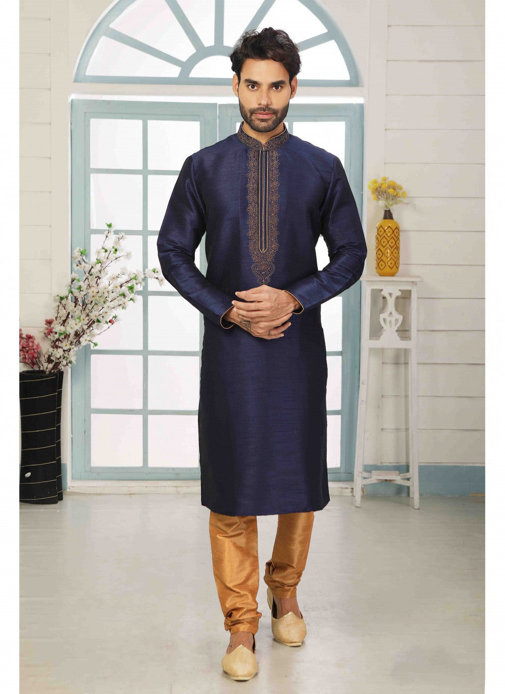 Embroidered Art Raw Silk Navy Blue Kurta Pyjama - M1805