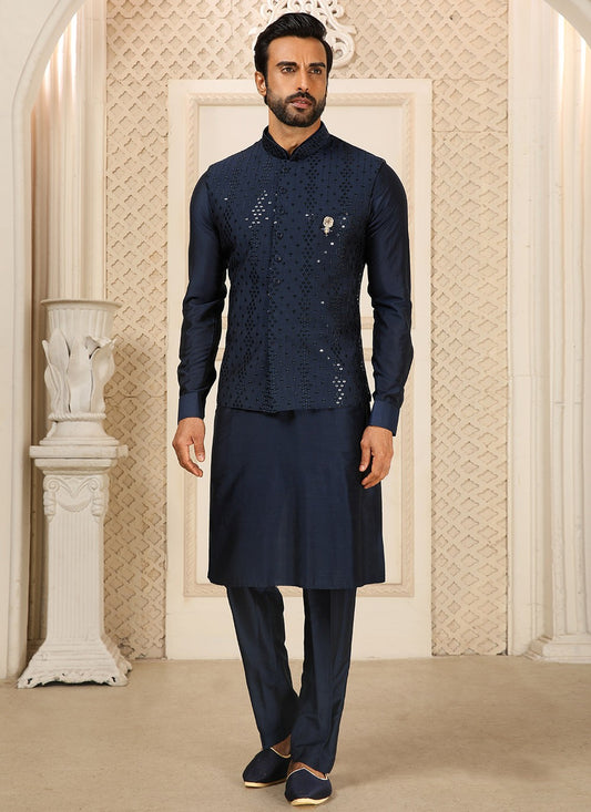 Embroidered Art Silk Navy Blue Kurta Payjama With Jacket - M4277