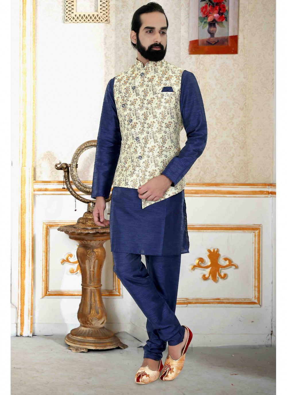 Plain Art Silk Navy Blue Kurta Payjama With Jacket - M1710