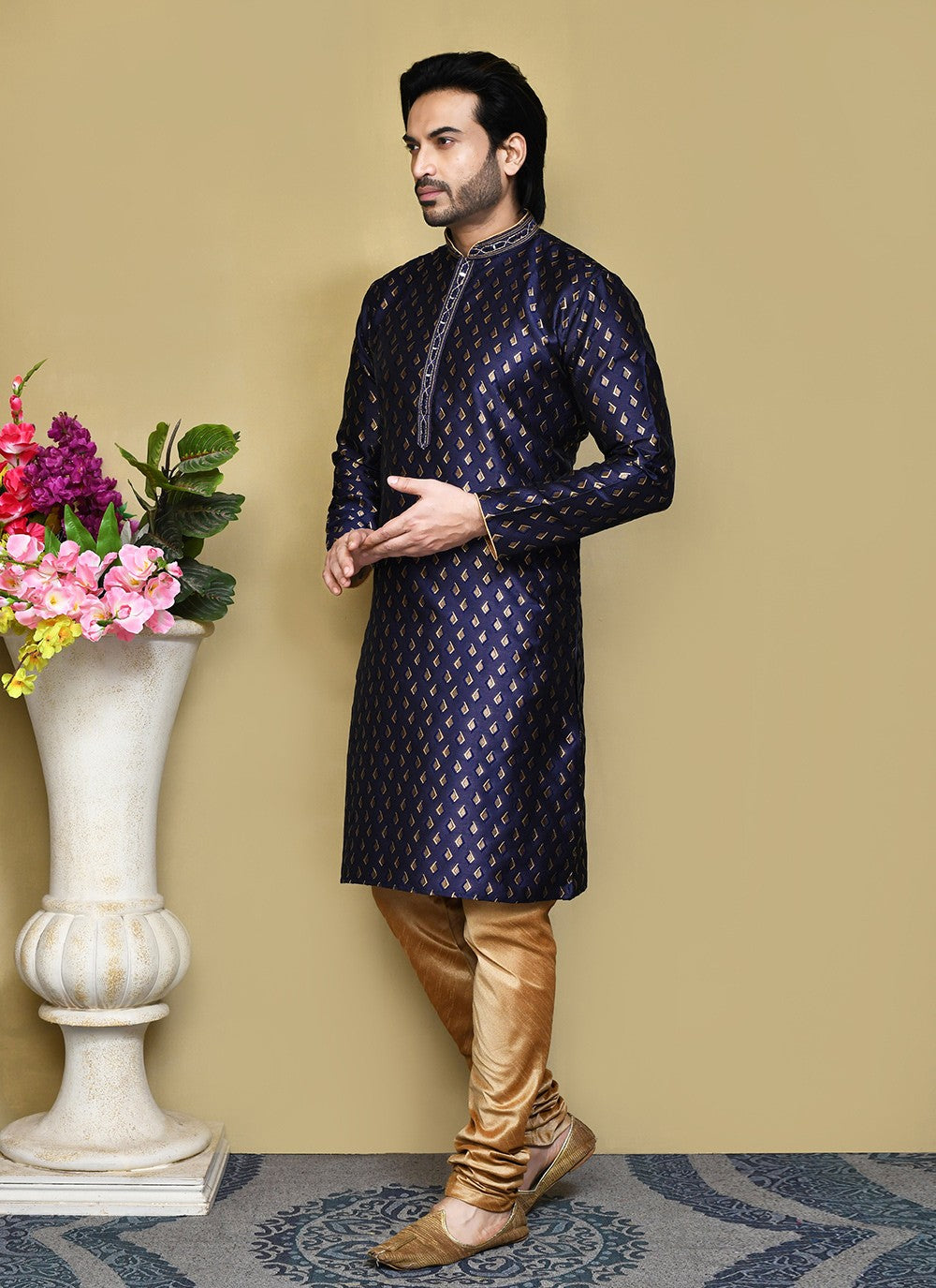 Resham Art Silk Navy Blue Kurta Pyjama - M7858