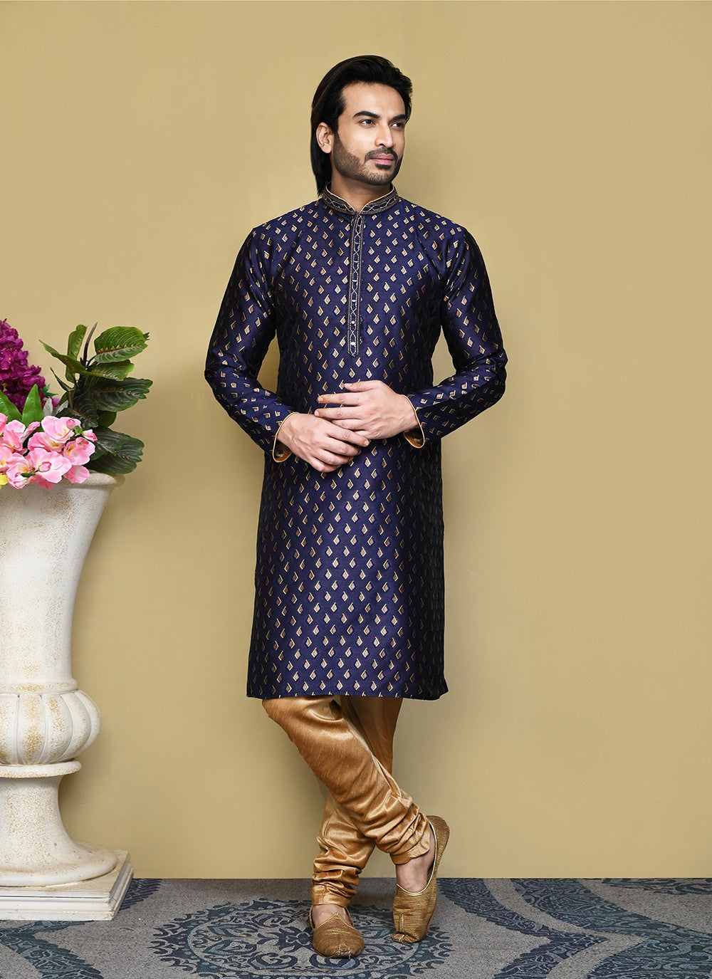 Resham Art Silk Navy Blue Kurta Pyjama - M7858